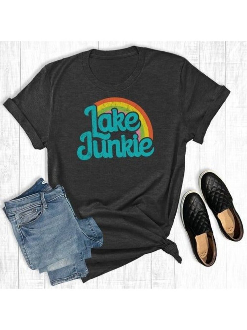 Lake Junkie Graphic Tee Charcoal Gray Vintage-Style Unisex T-Shirt S